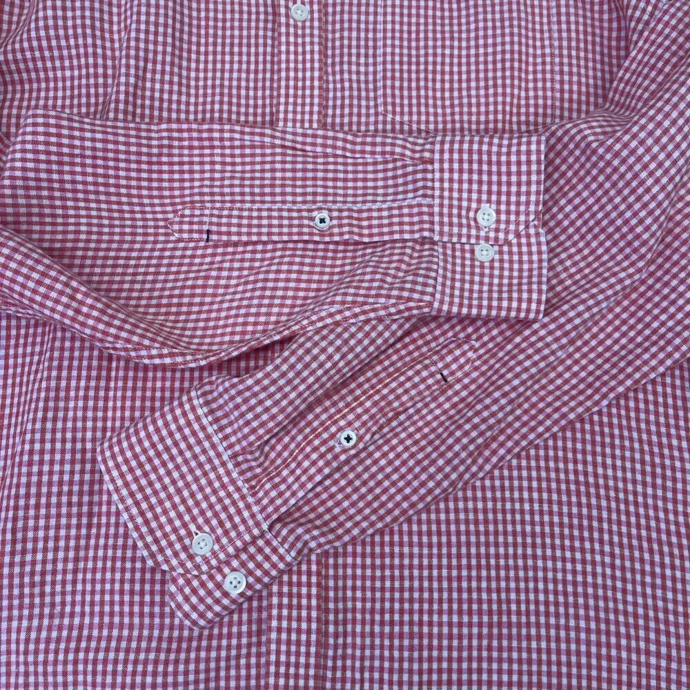 Banana Republic Slim Fit Linen Blend Gingham Button Down Shirt Orange Men's XL